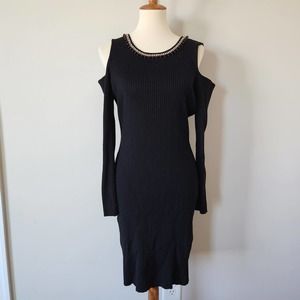 Say What? Black Cold Shoulder Rhinestone Sweater Dress